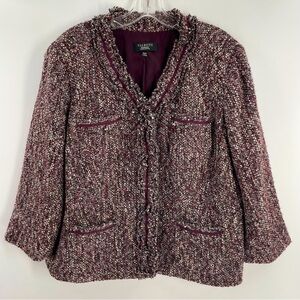 Talbots Vintage Wool Blend Snap Maroon Tweed Boucle Knit Long Sleeve Jacket